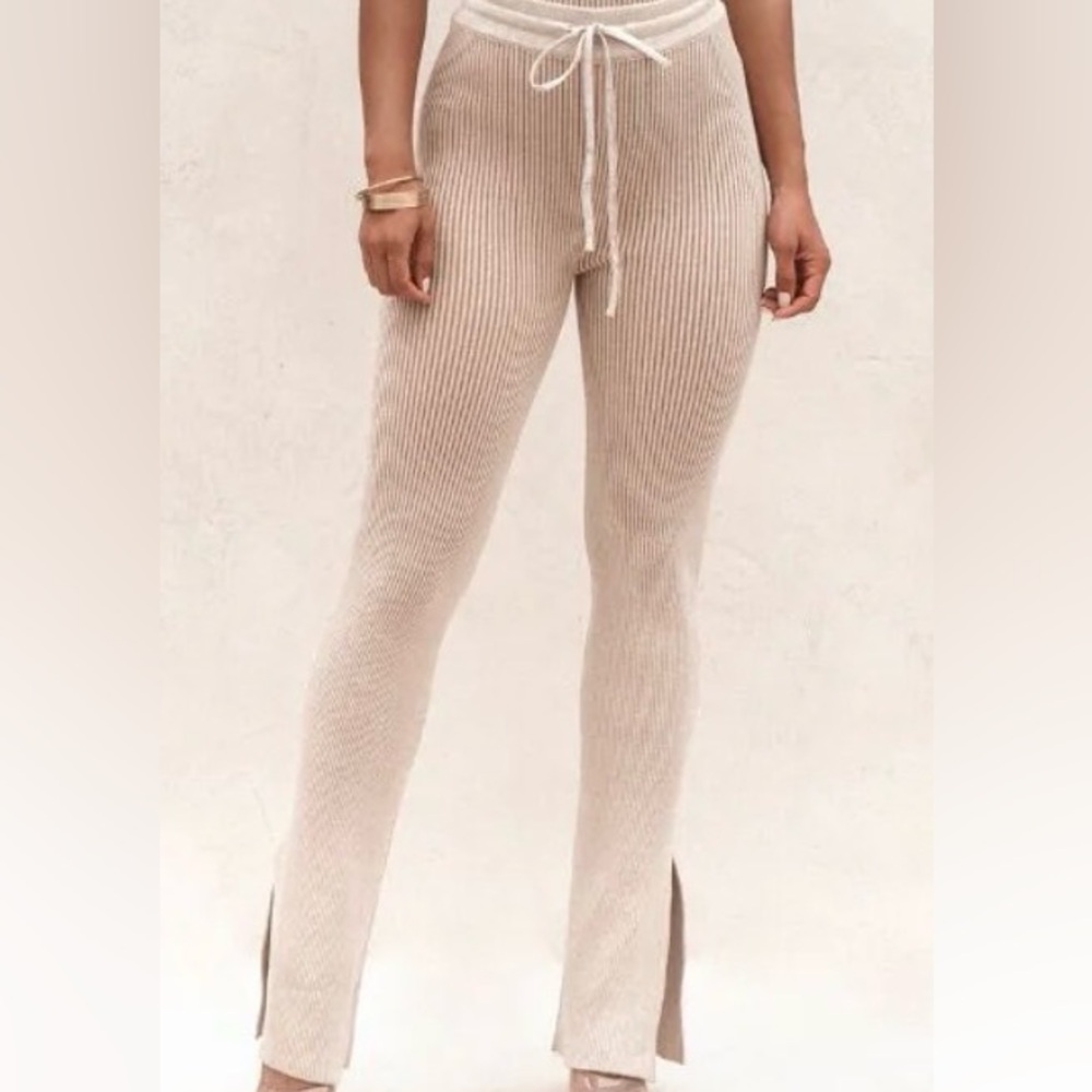 JLUXLABEL Taupe/White Faya Ribbed Pants NWT